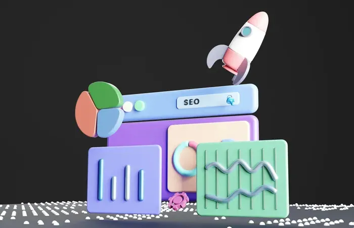 3D illustration of SEO dashboard with charts, graphs, and a rocket symbolizing online marketing growth